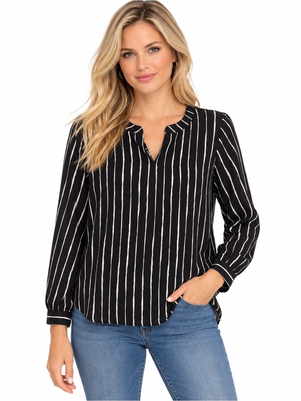 Black Vertical Stripe V-Neck Long Sleeve Women's Top - 1114